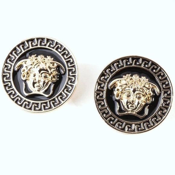 LOVISA MEDUSA GREEK KEY MOTIF BLACK/GOLD EARRINGS**NEW - Picture 3 of 3